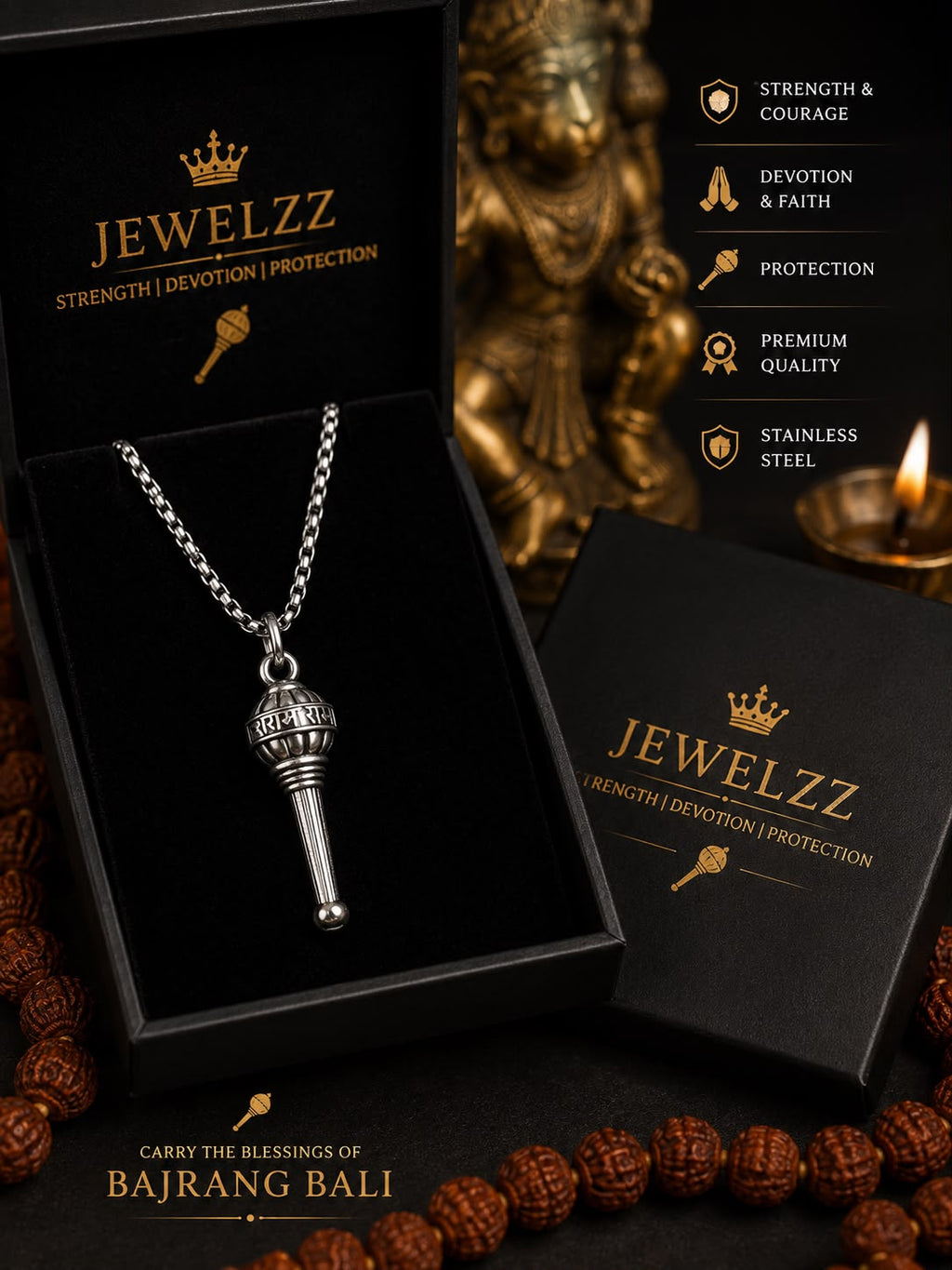 Bajrang Bali Gada Pendant with Chain | Hanuman Ji Gada Necklace for Men & Women | Spiritual Jewelry