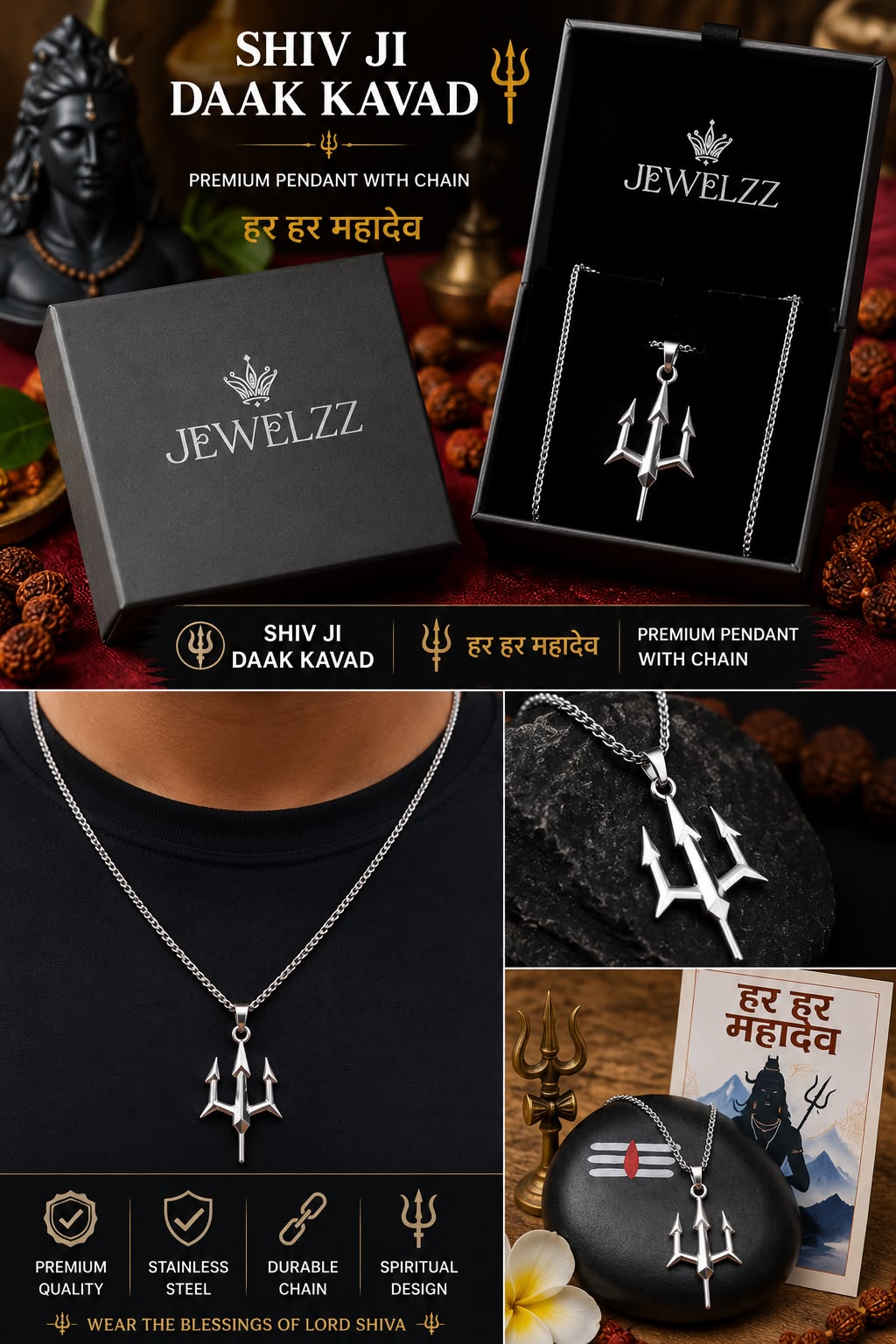 Mahadev Trishul Pendant Necklace with Chain | Shiv Ji Daak Kavad